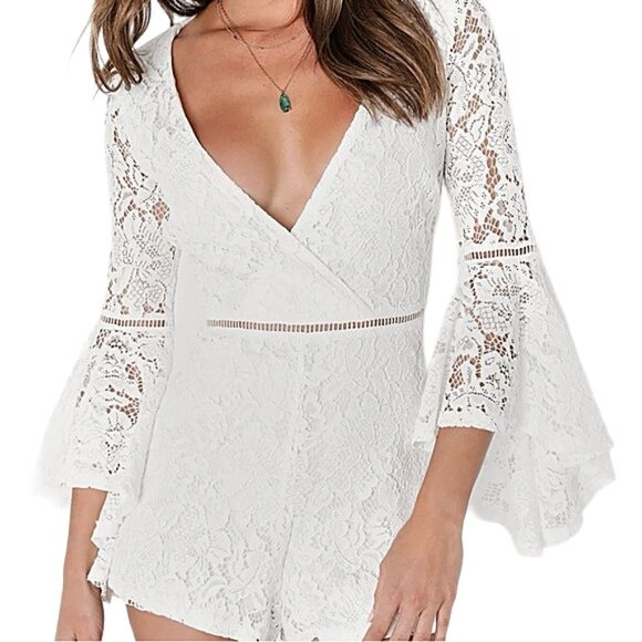 Lulus White Lace Bell Sleeve Romper Faux Wrap Long Sleeve Dressy Outfit S - Picture 1 of 16